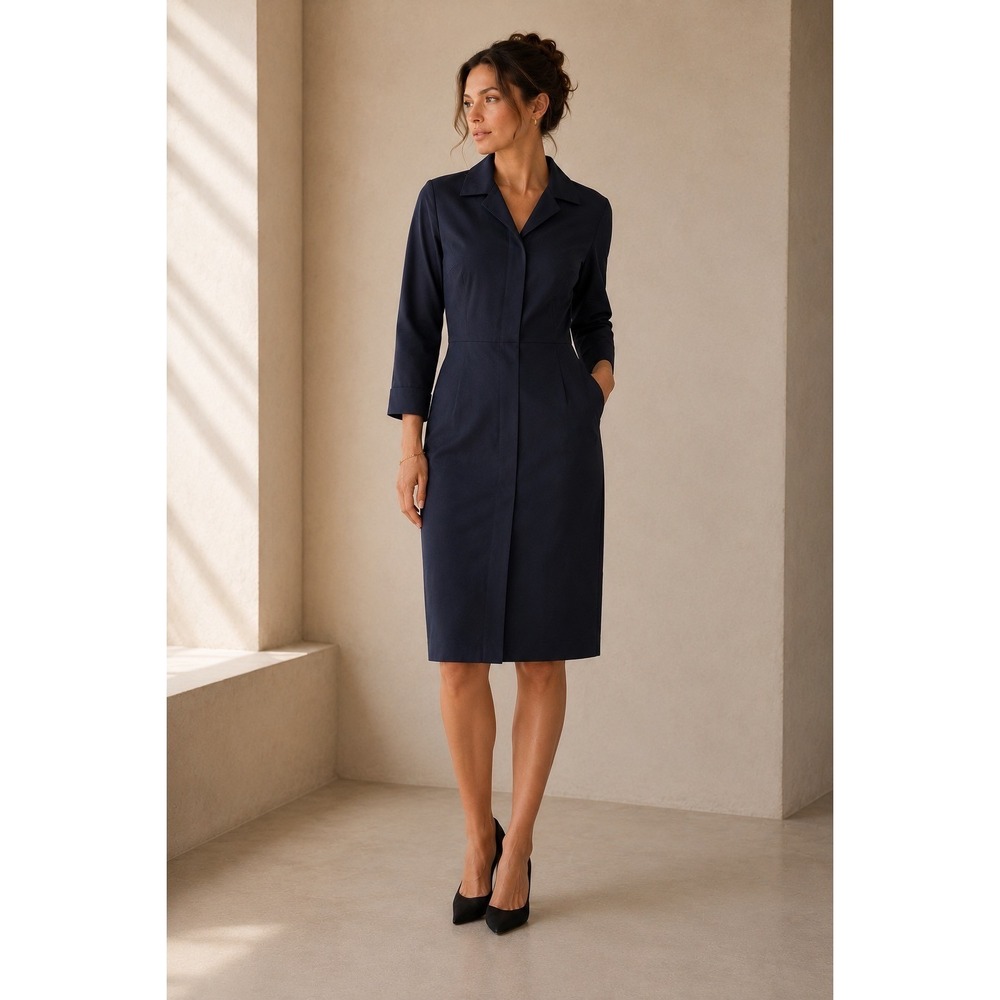 Max Mara Shirt Dress Womens 12 Navy Blue Virgin Wool Hidden Button Midi 12210361